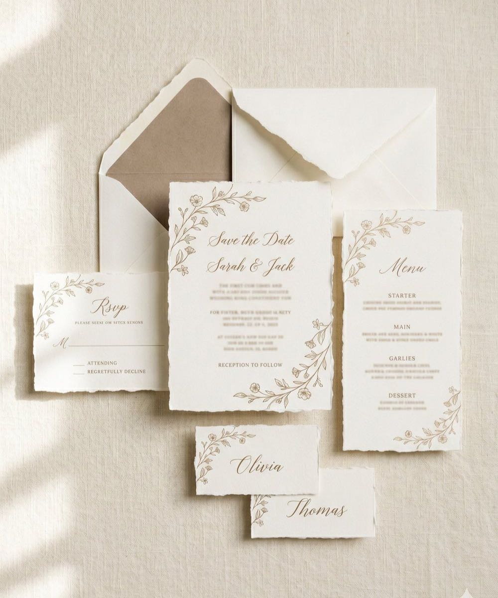 Coordinated luxury stationery suite — invitations, RSVP, menu and place cards